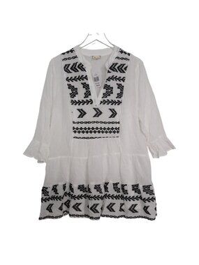 Cloth & Portrait Embroidered Tunic Dress Womens Size XXL White Black Boho Lined